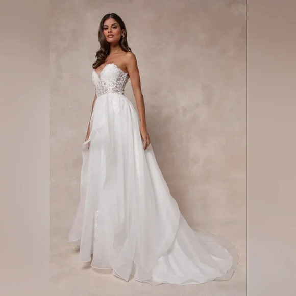 Lulus Mine, All Mine White Embroidered Organza Strapless A-Line Gown Wedding - Picture 3 of 13